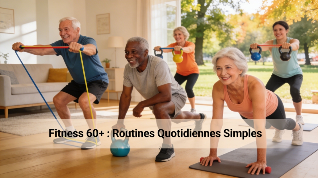 Programme complet de 60 minutes en 4 blocs de 15 minutes : élastiques, kettlebell et poids de corps. Conçu pour les 60 ans et plus, axé sur la prise de masse athlétique, la définition musculaire, la force fonctionnelle et la souplesse.