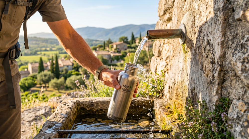 Randonneur remplissant une gourde en inox à une fontaine d'eau potable publique en pierre dans la campagne ensoleillée.